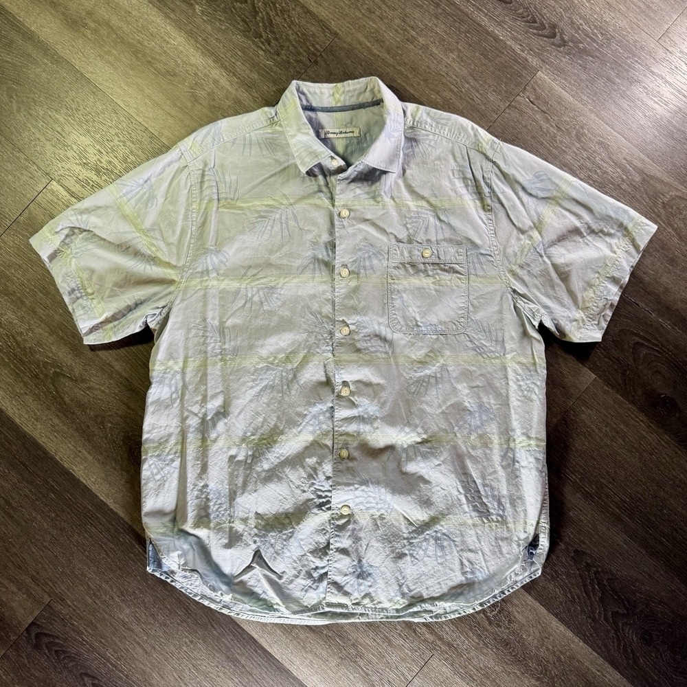 Tommy Bahama Blue Hawaiian Camp Shirt Palm Leafs Yellow Print Men's Large